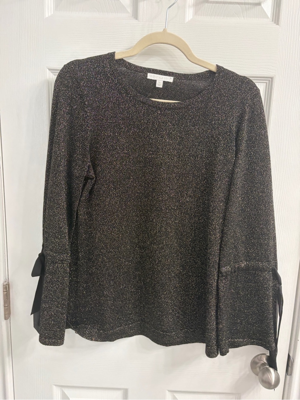 Talbots Black Metallic Knit Long-Sleeve Top with Cuff Ties